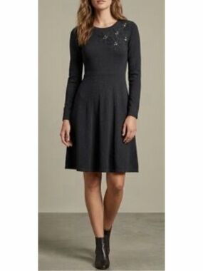 Eliza J Long Sleeve Embellished Fit-and-Flare Dress Grey